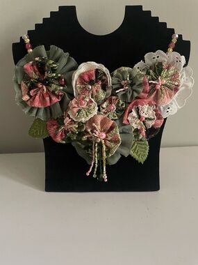 Handmade Floral Statement Necklace in Pink and Green